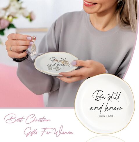 Christian Gifts for Women, Bible Verse Ceramic Jewelry Dish Trinket Ring Tray, Inspirational Floral Gift for Mom Sister Friend Birthday Christmas-Psalm 46:10 Be Still and Know (White-45:10) in Kuwait