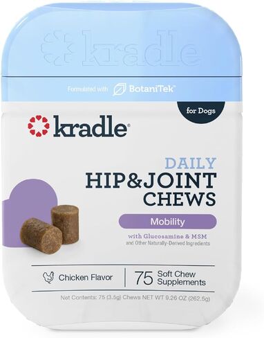 Kradle Daily Hip & Joint Bundle - Mobility & Comfort Topical Spray and Chews - Arthritis Relief Support for Dogs with Soothing Ingredients - for All Dog Breeds & Sizes -75-Count Chew & 4oz Spray in Kuwait