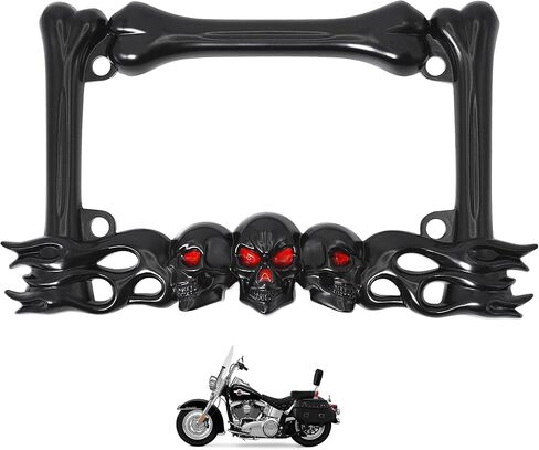 Heavy-Duty Skull Motorcycle License Plate Frame – Fits 7"x4" Standard Plates, Compatible with Cruiser, Dual-Sport, Sport,Street Bikes (Black) in Saudi Arabia
