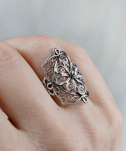 925 Sterling Silver Artisan Made Handcrafted Lace Embroidery Filigree Art Women Cocktail Statement Ring in Kuwait