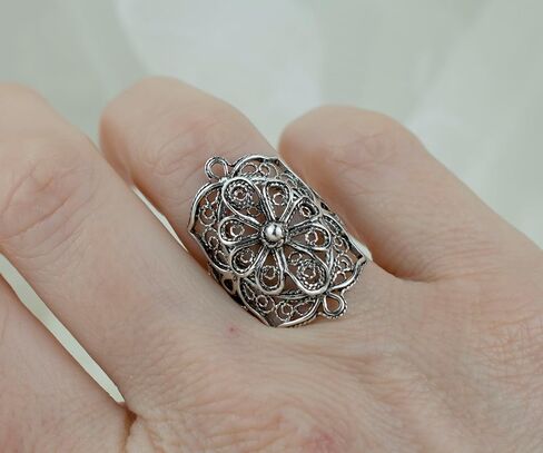 925 Sterling Silver Artisan Made Handcrafted Lace Embroidery Filigree Art Women Cocktail Statement Ring in Kuwait