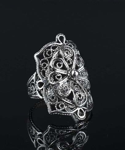 925 Sterling Silver Artisan Made Handcrafted Lace Embroidery Filigree Art Women Cocktail Statement Ring in Kuwait