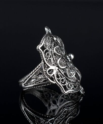 925 Sterling Silver Artisan Made Handcrafted Lace Embroidery Filigree Art Women Cocktail Statement Ring in Kuwait
