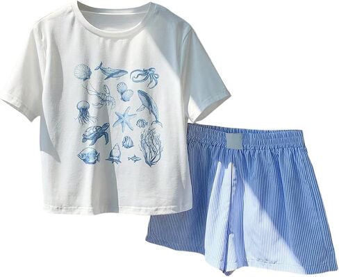 Women's 2 Piece Summer Outfits Short Sleeve Starfish Graphic Tees and Striped Boxer Shorts in Saudi Arabia