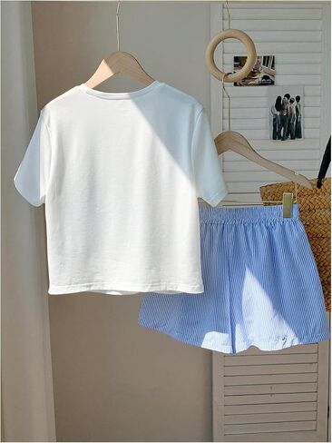 Women's 2 Piece Summer Outfits Short Sleeve Starfish Graphic Tees and Striped Boxer Shorts in Saudi Arabia