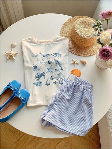 Women's 2 Piece Summer Outfits Short Sleeve Starfish Graphic Tees and Striped Boxer Shorts in Saudi Arabia