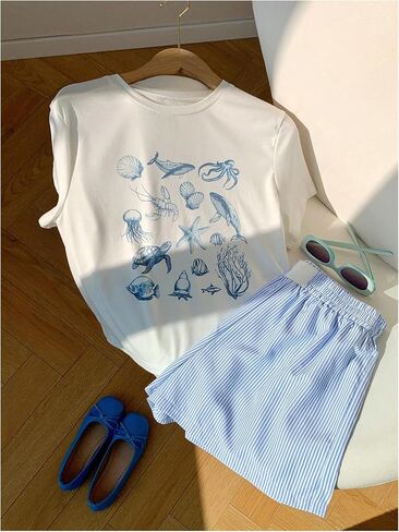 Women's 2 Piece Summer Outfits Short Sleeve Starfish Graphic Tees and Striped Boxer Shorts in Saudi Arabia