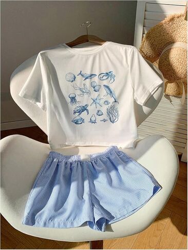 Women's 2 Piece Summer Outfits Short Sleeve Starfish Graphic Tees and Striped Boxer Shorts in Saudi Arabia