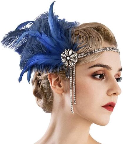 Bubbmi 1920's Feather Headpiece with Crystal Tassel, Great Gatsby Beaded Crystal Headband Costume Accessories for Women Showgirl Parties (1722royalblue) in Saudi Arabia