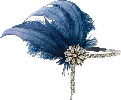 Bubbmi 1920's Feather Headpiece with Crystal Tassel, Great Gatsby Beaded Crystal Headband Costume Accessories for Women Showgirl Parties (1722royalblue) in Saudi Arabia