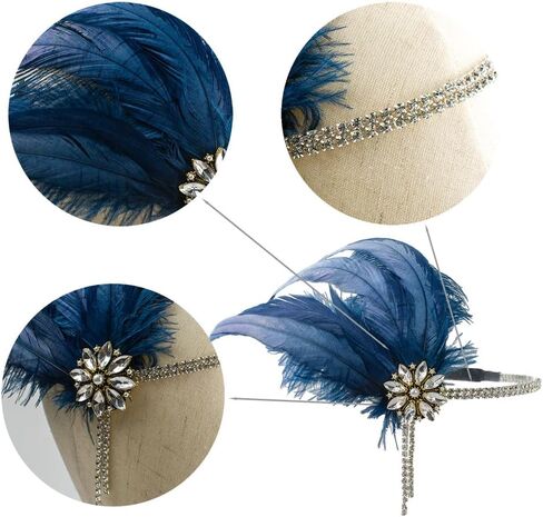 Bubbmi 1920's Feather Headpiece with Crystal Tassel, Great Gatsby Beaded Crystal Headband Costume Accessories for Women Showgirl Parties (1722royalblue) in Saudi Arabia