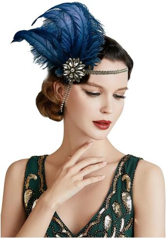Bubbmi 1920's Feather Headpiece with Crystal Tassel, Great Gatsby Beaded Crystal Headband Costume Accessories for Women Showgirl Parties (1722royalblue) in Saudi Arabia