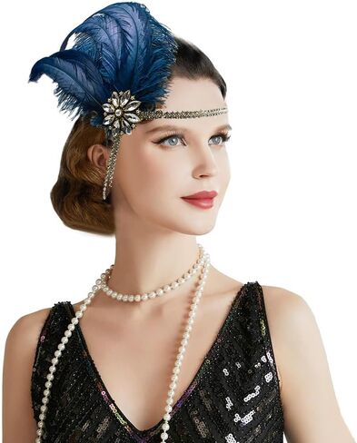 Bubbmi 1920's Feather Headpiece with Crystal Tassel, Great Gatsby Beaded Crystal Headband Costume Accessories for Women Showgirl Parties (1722royalblue) in Saudi Arabia