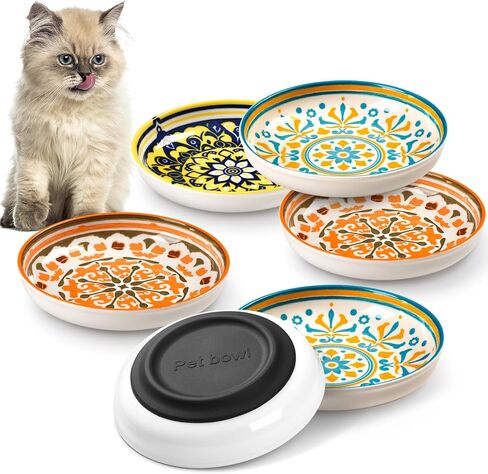 Ceramic Cat Bowls, Nonslip Cat Food Bowl Set with Silicone Base, Whisker Friendly Cat Dishes for Food and Water, 4 Pack Cute Cat Plates for Feeding Indoor Cats, Kitten, Small Dogs in Kuwait