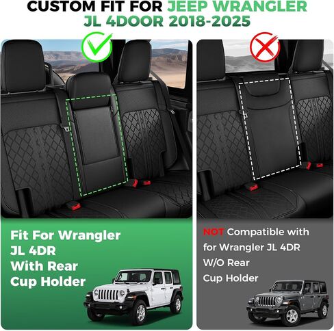 لأغطية مقعد Jeep Wrangler JL 4 DR بدون حامل كأس خلفي 2018 2019 2020 2021 2022 2023 2024 2025 ، أغطية مقعد السيارة المخصصة مجموعة كاملة ، واقي مقعد جلدي مقاوم للماء ، بلاكريد in Kuwait