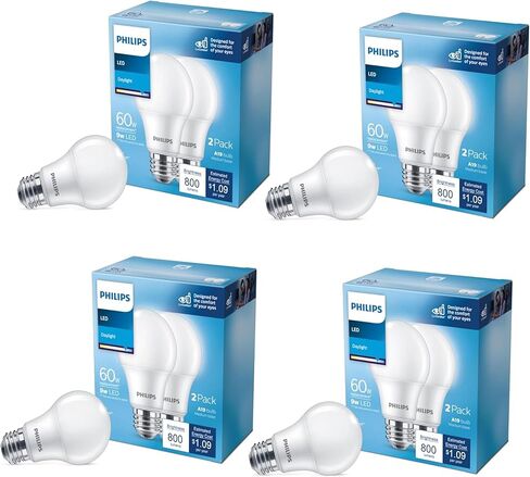 لمبة فيليبس 60 وات مكافئة A19 غير قابلة للتعتيم E26 LED ضوء النهار 5000K (8 عبوات) in Saudi Arabia