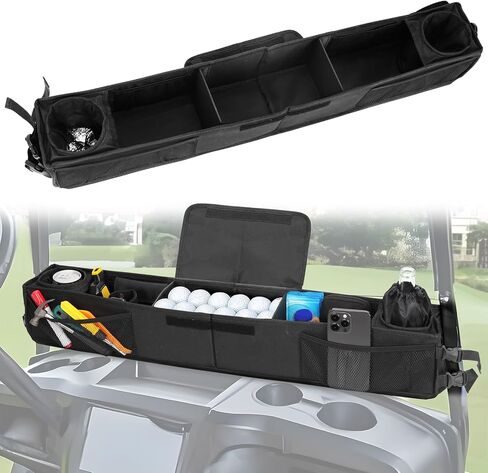 حقيبة تخزين علوية لعربة الجولف قابلة للطي، حقيبة تخزين لسقف السيارة بدون حفر، حقيبة تنظيم شبكية بطول قابل للتعديل لعربة الجولف تناسب جميع سيارات النادي السابقة، تيمبو، للأمام (أسود) in Kuwait