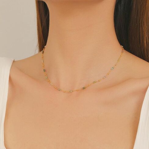 Gemstone Bead Necklaces for Women Multi Color Beaded Choker Natural Stone Necklace Black White Green Tigers Eye Handmade 18K Gold Plated Dainty Summer Jewelry in Kuwait