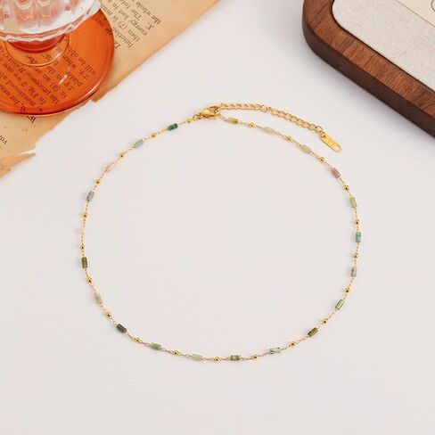 Gemstone Bead Necklaces for Women Multi Color Beaded Choker Natural Stone Necklace Black White Green Tigers Eye Handmade 18K Gold Plated Dainty Summer Jewelry in Kuwait