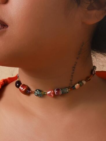 MINACHI Multi Color Beads Necklace, Natural Stone, Pattern Beads, Bohemian Style, Gift Jewelry for Women in Saudi Arabia