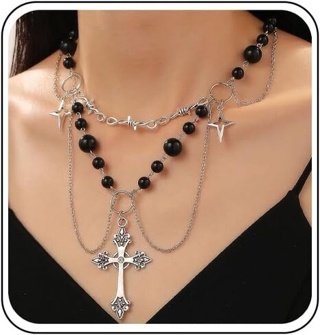 Gothic Layered Pearl Big Cross Choker Necklaces for Women Gothic Cross Pearls Necklace Vintage Chunky Zirconia Tassels Necklaces Y2K Jewelry Goth Accessories in Saudi Arabia