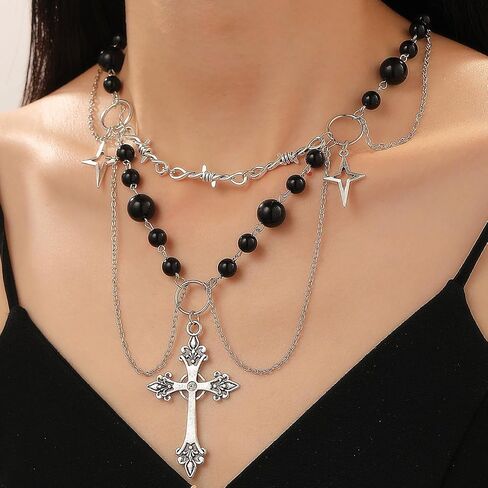Gothic Layered Pearl Big Cross Choker Necklaces for Women Gothic Cross Pearls Necklace Vintage Chunky Zirconia Tassels Necklaces Y2K Jewelry Goth Accessories in Saudi Arabia