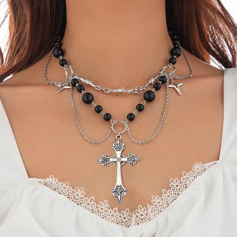 Gothic Layered Pearl Big Cross Choker Necklaces for Women Gothic Cross Pearls Necklace Vintage Chunky Zirconia Tassels Necklaces Y2K Jewelry Goth Accessories in Saudi Arabia