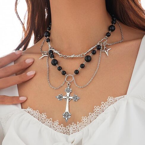 Gothic Layered Pearl Big Cross Choker Necklaces for Women Gothic Cross Pearls Necklace Vintage Chunky Zirconia Tassels Necklaces Y2K Jewelry Goth Accessories in Saudi Arabia
