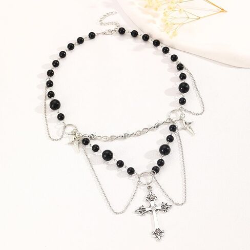 Gothic Layered Pearl Big Cross Choker Necklaces for Women Gothic Cross Pearls Necklace Vintage Chunky Zirconia Tassels Necklaces Y2K Jewelry Goth Accessories in Saudi Arabia