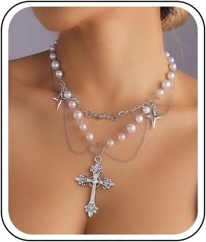 Gothic Layered Pearl Big Cross Choker Necklaces for Women Gothic Cross Pearls Necklace Vintage Chunky Zirconia Tassels Necklaces Y2K Jewelry Goth Accessories in Saudi Arabia