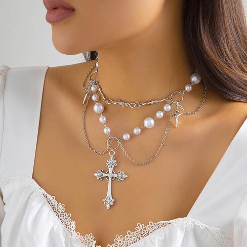 Gothic Layered Pearl Big Cross Choker Necklaces for Women Gothic Cross Pearls Necklace Vintage Chunky Zirconia Tassels Necklaces Y2K Jewelry Goth Accessories in Saudi Arabia