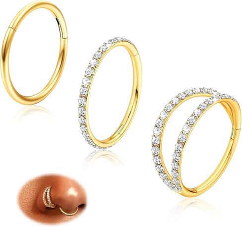 3pcs حلقات الأنف أطواق للنساء - 14K الذهب مطلي 316L من الصلب الجراحي خواتم مزدوجة الأنف خواتم hypoallergenic 18g مفصلية تشيك توليفشيغية مجوهر in Kuwait