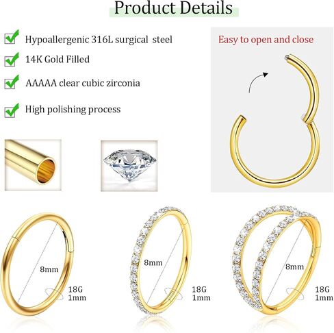 3pcs حلقات الأنف أطواق للنساء - 14K الذهب مطلي 316L من الصلب الجراحي خواتم مزدوجة الأنف خواتم hypoallergenic 18g مفصلية تشيك توليفشيغية مجوهر in Kuwait