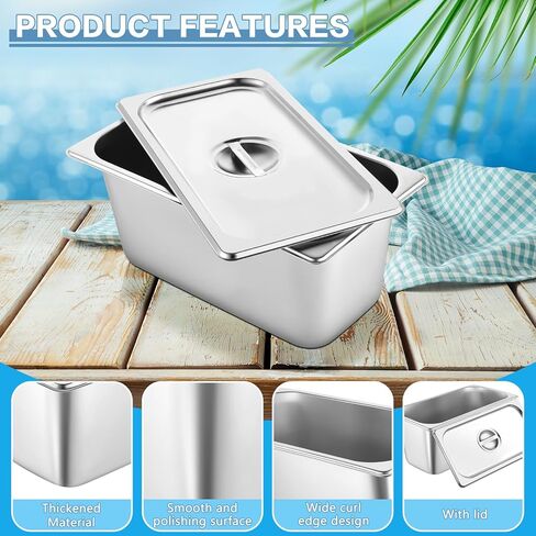 6 Set Hotel Pan 1/6 Size 6 Inch Deep Stainless Steam Table Pans with Lids Stackable Commercial Anti Jam Metal Steam Tray Catering Food Storage Steel Pan for Hotel Restaurant Buffet Party Supplies in Kuwait