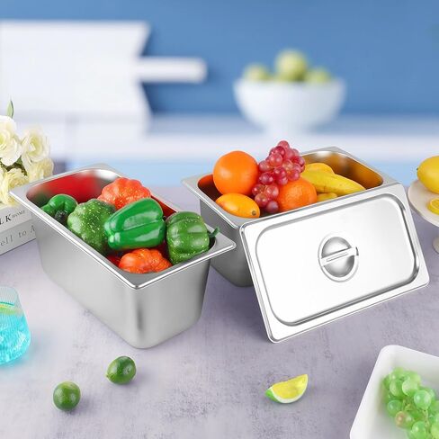 6 Set Hotel Pan 1/6 Size 6 Inch Deep Stainless Steam Table Pans with Lids Stackable Commercial Anti Jam Metal Steam Tray Catering Food Storage Steel Pan for Hotel Restaurant Buffet Party Supplies in Kuwait