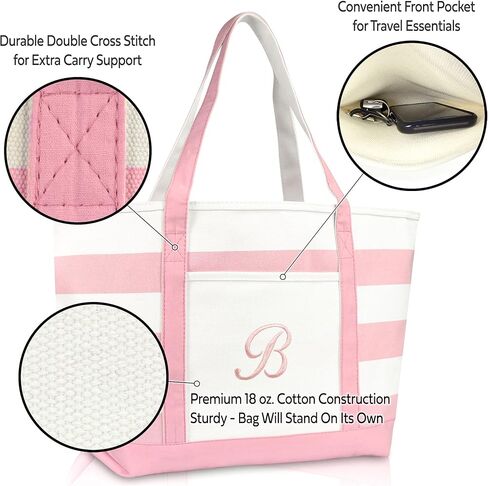 DALIX Striped Beach Bag Tote Bags Satchel Personalized Pink Ballent Letter A - Z in Saudi Arabia