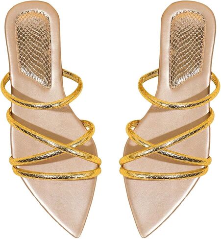 GORGLITTER Women's Metallic Sandals Open Toe Flat Strappy Dressy Fancy Slide Sandals in Kuwait