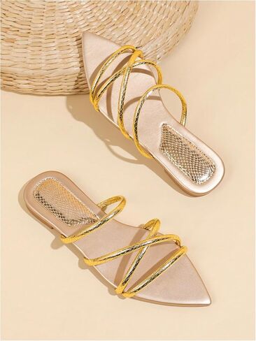 GORGLITTER Women's Metallic Sandals Open Toe Flat Strappy Dressy Fancy Slide Sandals in Kuwait