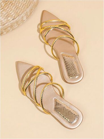 GORGLITTER Women's Metallic Sandals Open Toe Flat Strappy Dressy Fancy Slide Sandals in Kuwait