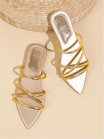 GORGLITTER Women's Metallic Sandals Open Toe Flat Strappy Dressy Fancy Slide Sandals in Kuwait