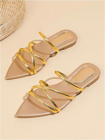 GORGLITTER Women's Metallic Sandals Open Toe Flat Strappy Dressy Fancy Slide Sandals in Kuwait