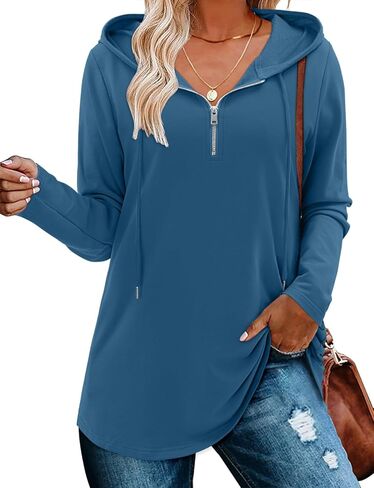 Bette Boutik Womens Quarter Zip Tunic Hoodies Pullover Long Hooded Sweatshirts S-3XL in Kuwait