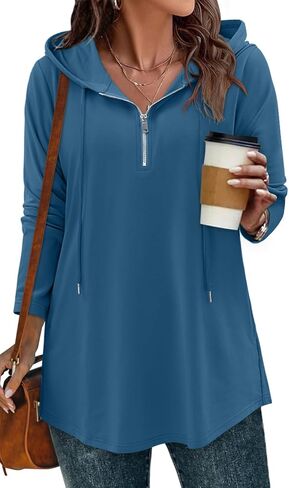 Bette Boutik Womens Quarter Zip Tunic Hoodies Pullover Long Hooded Sweatshirts S-3XL in Kuwait
