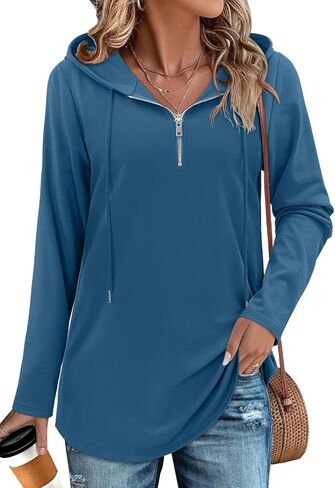 Bette Boutik Womens Quarter Zip Tunic Hoodies Pullover Long Hooded Sweatshirts S-3XL in Kuwait