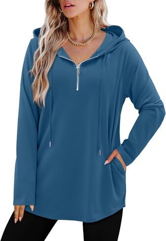 Bette Boutik Womens Quarter Zip Tunic Hoodies Pullover Long Hooded Sweatshirts S-3XL in Kuwait