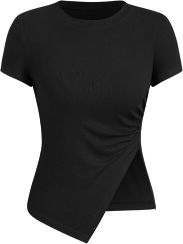 CIDER Women's Summer Tops Crew Neck Short Sleeve Ribbed T-Shirt Asymmetric Hem Tops for Summer in Saudi Arabia