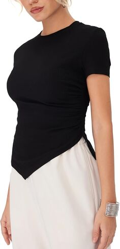 CIDER Women's Summer Tops Crew Neck Short Sleeve Ribbed T-Shirt Asymmetric Hem Tops for Summer in Saudi Arabia