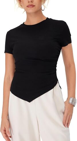CIDER Women's Summer Tops Crew Neck Short Sleeve Ribbed T-Shirt Asymmetric Hem Tops for Summer in Saudi Arabia