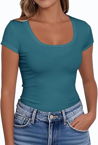 Palinda Women's Short Scoop Neck Drict Dritts Priced Basic Lased Strety T Shirt Tops Tops in Kuwait