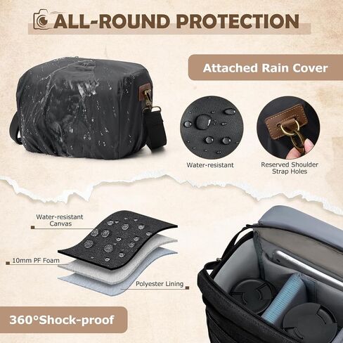 RAINSMORE Canvas Camera Bag, DSLR/SLR/Mirrorless Small Camera Sling Bags Cross-body Camera Case, Compact Shoulder Bag for Photographers with Rain Cover Vintage Sling Bags for Men and Women, Khaki in Kuwait